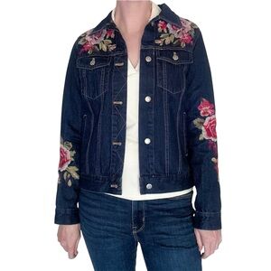 Johnny Was Desi Rose Floral Embroidered Blue Denim Button Jacket